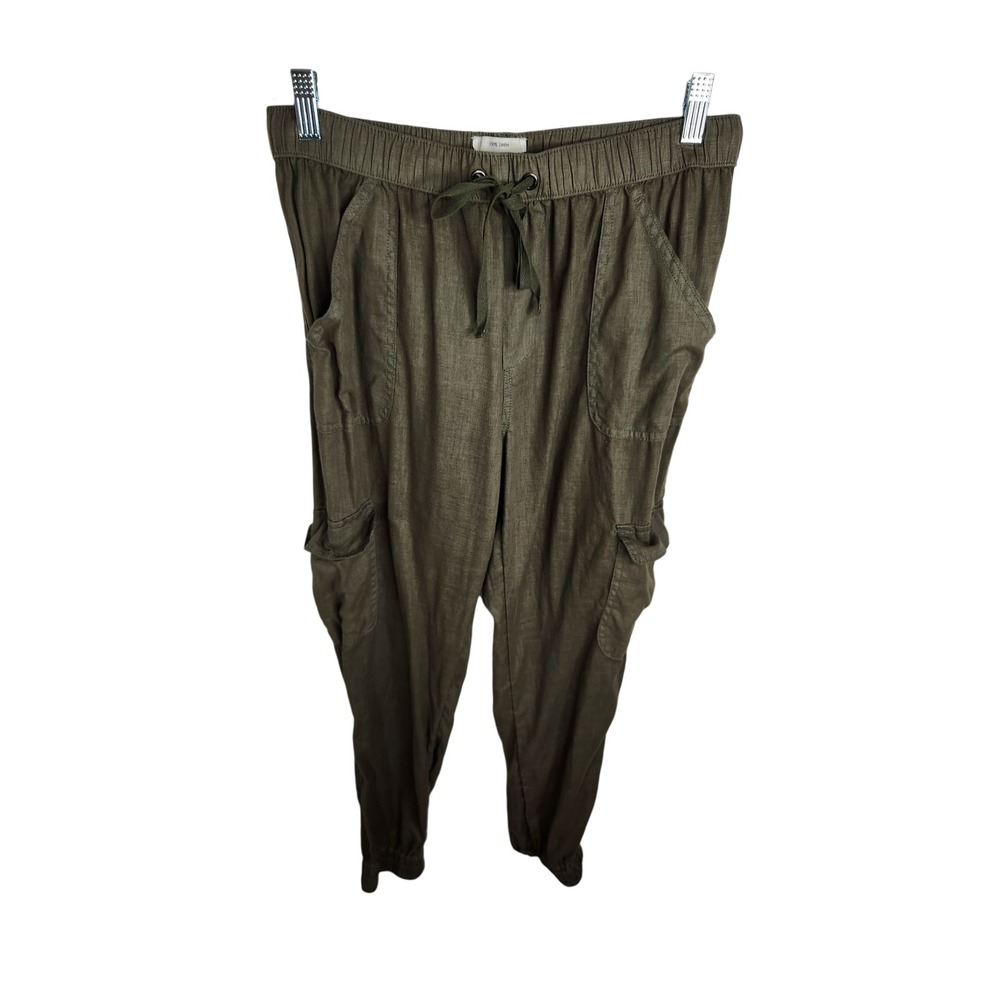 Nicole‎ Miller Jogger Pants Women M Green Linen Cargo Elastic Waist Drawstring